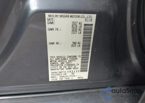 2018 Nissan Altima 2.5 Sl from USA, damaged, VIN 1N4AL3AP7JC193133